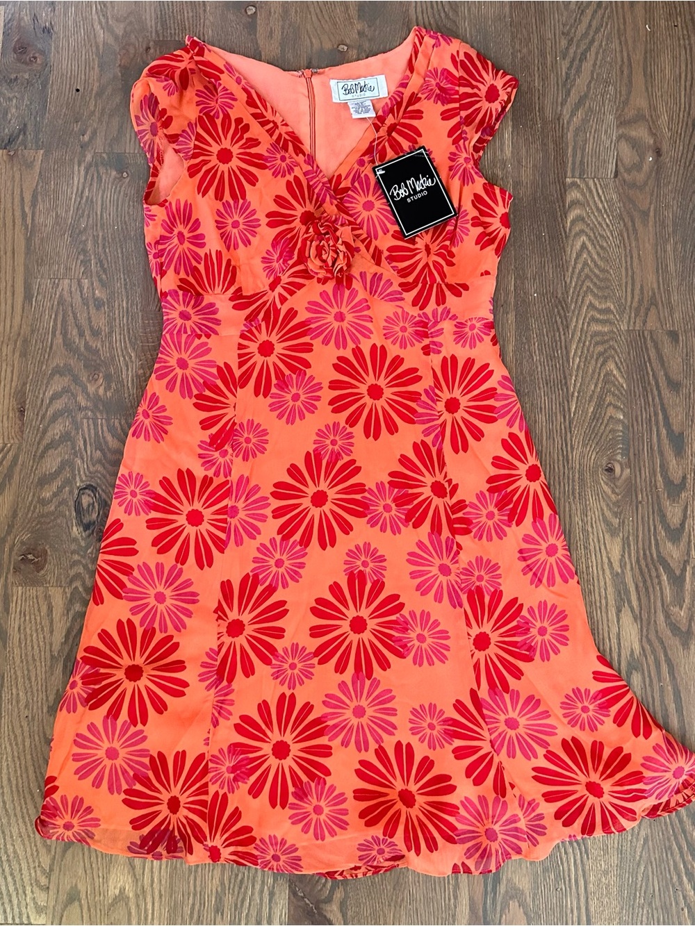 Vintage Bob Mackie Orange and Pink Floral A-Line Mini Dress, Size 4 Petite